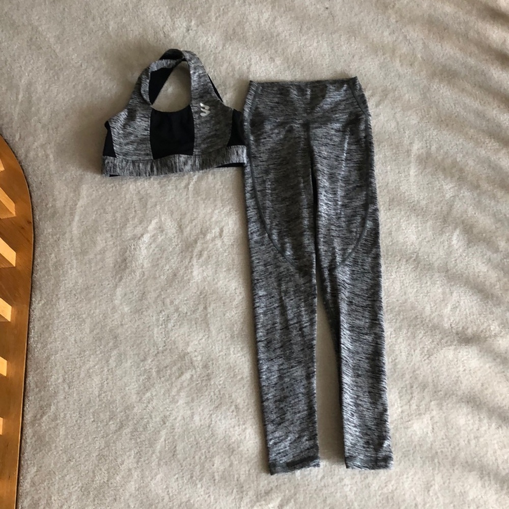 Heather grey work out set with black mesh details